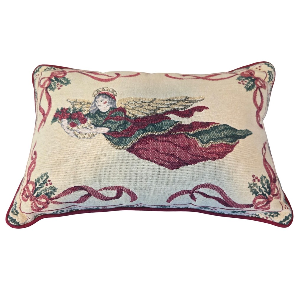 Vintage 90s Tapestry Throw Pillow Christmas Angel Red Green Holiday Decor 16x10